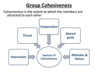 Group Cohesiveness
Cohesiveness is the extent to which the members are
attracted to each other
Sources of
Cohesiveness
Interaction
Threat
Cooperation
Shared
goals
Attitudes &
Values
 