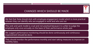 CHANGES WHICH SHOULD BE MADE
We feel that Tesla should stick with employee engagement model which is more practical
wherein they can identify who are engaged in work and who are not
This rank and yank model is cruel and not practical because it is unfair to judge the
employee only once annually on the basis of their performance whole year.
We suggest performance monitoring should be done continuously and continuous
improvement should be done.
They should monitor the performance monthly and start taking measures to improve on
monthly basis.
 