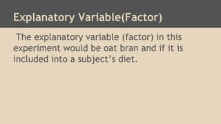 Explanatory Variable(Factor) 
The explanatory variable (factor) in this 
experiment would be oat bran and if it is 
included into a subject’s diet. 
 