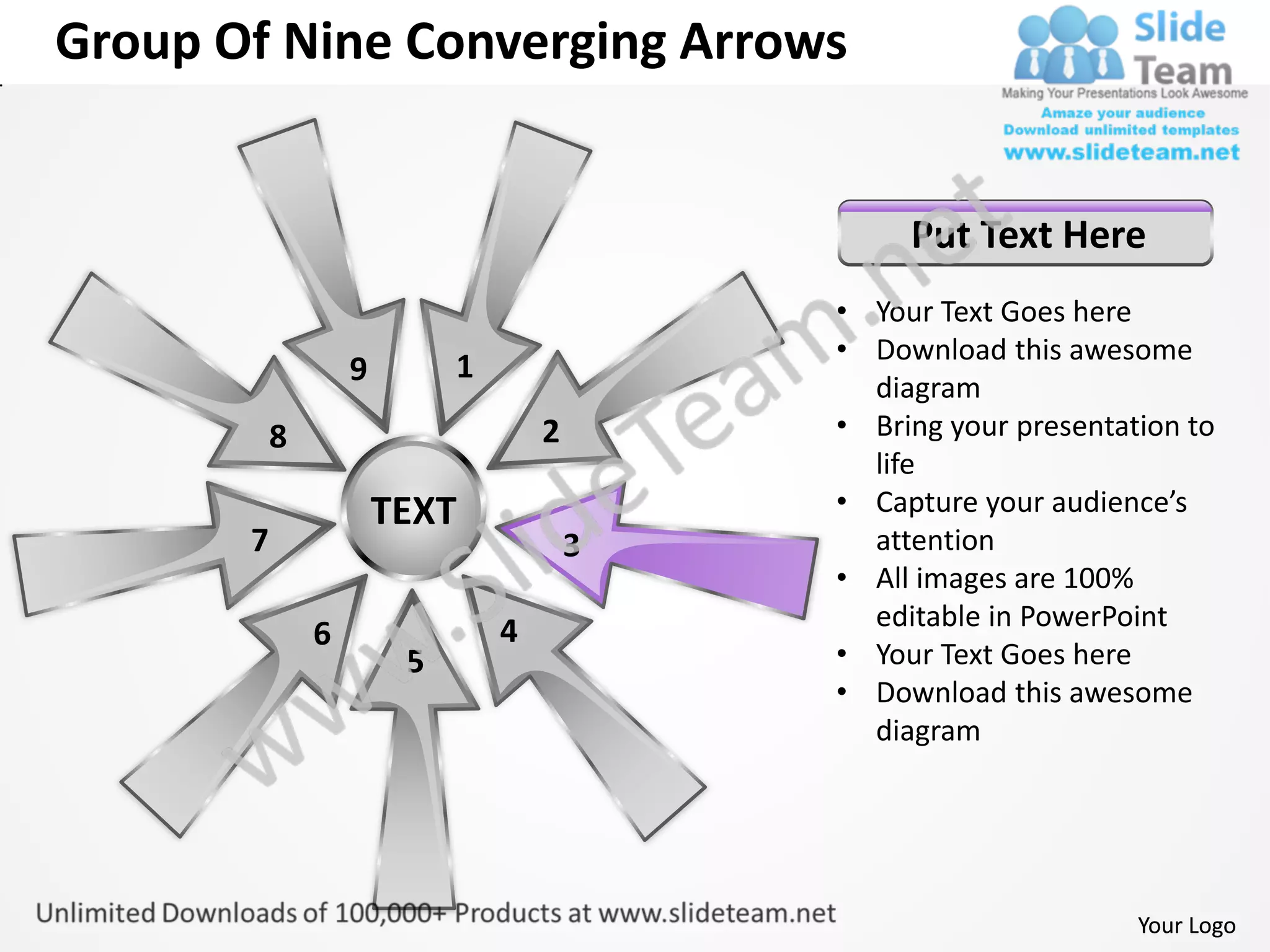 Group of nine coverging arrows circular layout process power point ...