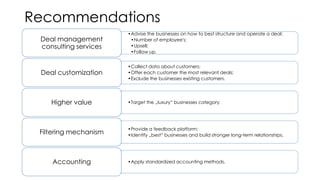 Recommendations
Deal management
consulting services

•Advise the businesses on how to best structure and operate a deal:
•Number of employee's;
•Upsell;
•Follow up.

Deal customization

•Collect data about customers;
•Offer each customer the most relevant deals;
•Exclude the businesses existing customers.

Higher value

Filtering mechanism

Accounting

•Target the „luxury“ businesses category.

•Provide a feedback platform;
•Identify „best“ businesses and build stronger long-term relationships.

•Apply standardized accounting methods.

 