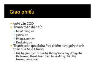 90% vẫn COD
Thanh toán điện tử
MuaChung.vn
51deal.vn
Phagia.com.vn
Deal.zing.vn
Thanh toán qua Soha Pay chiếm hơn 50% thanh
toán của Mua Chung
Giá trị giao dịch đi qua hệ thống Soha Pay đứng nhì
thị trường thanh toán điện tử và đứng nhất thị
trường consumer
 