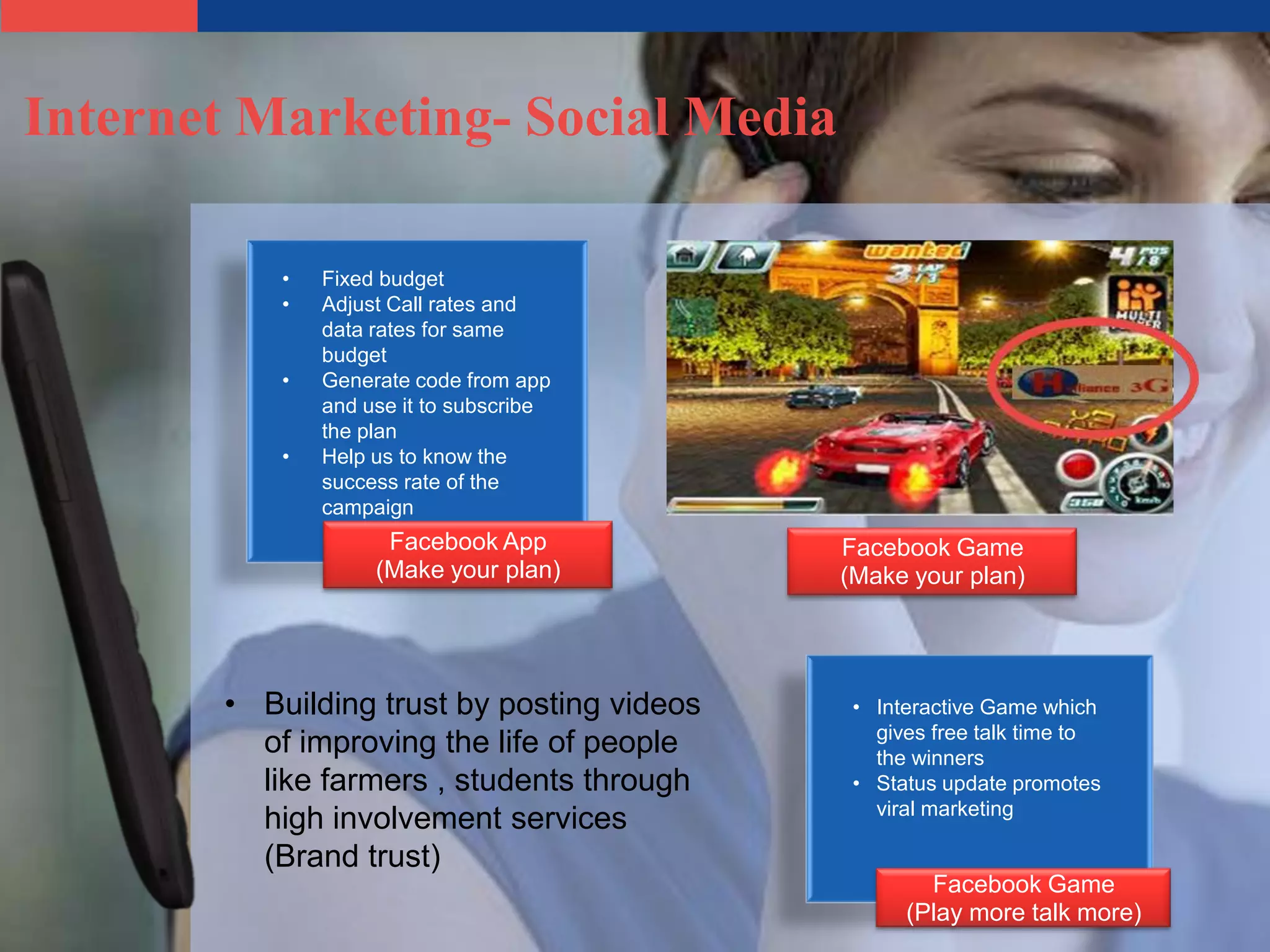 Internet Marketing- Social Media

           •   Fixed budget
           •   Adjust Call rates and
               data rates for same
               budget
           •   Generate code from app
               and use it to subscribe
               the plan
           •   Help us to know the
               success rate of the
               campaign
                     Facebook App           Facebook Game
                    (Make your plan)        (Make your plan)




       • Building trust by posting videos    • Interactive Game which
                                               gives free talk time to
         of improving the life of people       the winners
         like farmers , students through     • Status update promotes
                                               viral marketing
         high involvement services
         (Brand trust)
                                                    Facebook Game
                                                  (Play more talk more)
 
