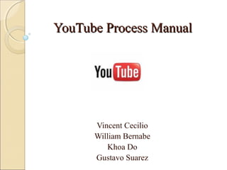 YouTube Process ManualYouTube Process Manual
Vincent Cecilio
William Bernabe
Khoa Do
Gustavo Suarez
 