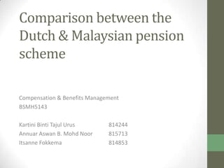 Comparison between the
Dutch & Malaysian pension
scheme
Compensation & Benefits Management
BSMH5143

Kartini Binti Tajul Urus
Annuar Aswan B. Mohd Noor
Itsanne Fokkema

814244
815713
814853

 