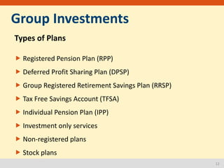 12
Group Investments
Types of Plans
 Registered Pension Plan (RPP)
 Deferred Profit Sharing Plan (DPSP)
 Group Register...