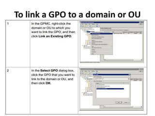 To link a GPO to a domain or OU
 