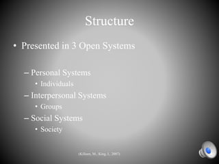 Structure
• Presented in 3 Open Systems
– Personal Systems
• Individuals
– Interpersonal Systems
• Groups
– Social Systems
• Society
(Killeen, M., King, I., 2007)
 