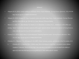 Refrences
• Alligood, M. R. (2010). Family healthcare with King’s theory of goal attainment. Nursing Science Quarterly, 23(2), 99-104.
http://dx.doi.org/10.1177/0894318410362553
• Alligood, M. (2014). Imogene M. King: Conceptual system and middle-range theory of goal attainment. Nursing Theorists
and Their Work (8th ed., pp. 258-268). St. Louis, Missouri: Elsesvier Mosby.
• Bond, A. E., Esha, N. F., Bani-Khaled, M., Hamad, A. O., Habashreh, S., Kataua, H.,&… Maabreh, R. (2011).Who uses
nursing theory? A univariate descriptive analysis of five years’ research articles. Scandinavian Journal of Caring Sciences,
25(2), 404-409. doi:10.1111/j.1471-6712.2010.00835.x
• Caceres, B. A. (2015). King’s theory of goal attainment: Exploring functional status. Nursing Science Quarterly, 28(2),
151-155. http://dx.doi.org/10.1177/0894318415571601
• Christina, S. L., Maureen, F. A., & Imogene, K. M. (2007). King’s structure, process, and outcome in the 21st century. In S.
L. Christina, & F. A. Maureen (Eds.), Middle range theory development using King’s conceptual system. [eBook
Academic Collection]. Retrieved from http://eds.a.ebscohost.com.ezproxy.una.edu/eds/detail?sid=ccbb3cc3-
dde4-4322-9ab3-b8c5f9d7fabe@sessionmgr4001&vid=1#db=e000xna&AN=194785
 