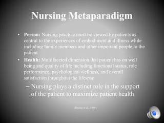 Nursing Metaparadigm
• Person: Nursing practice must be viewed by patients as
central to the experiences of embodiment and illness while
including family members and other important people to the
patient
• Health: Multifaceted dimension that patient has on well
being and quality of life including functional status, role
performance, psychological wellness, and overall
satisfaction throughout the lifespan
– Nursing plays a distinct role in the support
of the patient to maximize patient health
(Thorne et al., 1998)
 