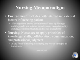 Nursing Metaparadigm
• Environment: Includes both internal and external
factors influencing patient
– Nursing meets patient environmental need by having a
multilayered view to tailor to individuals everyday reality,
culture, economic structure, and social interactions
• Nursing: Nurses are to apply principles of
knowledge, skills, collaboration, communication,
and professional judgment
– A key focus to nursing is carrying the role of caring to all
individuals
(Thorne et al., 1998)
 