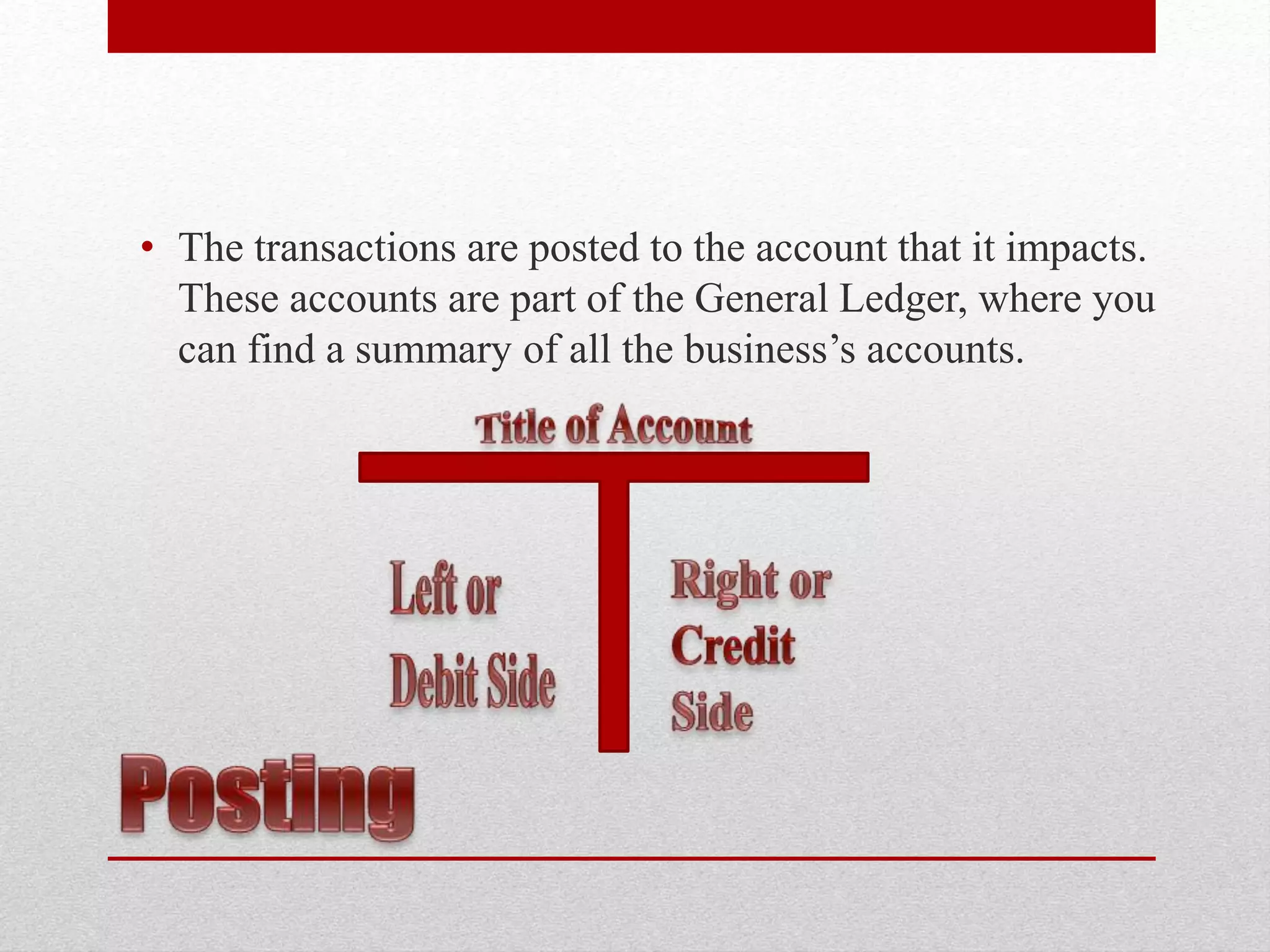 • The transactions are posted to the account that it impacts.
These accounts are part of the General Ledger, where you
can find a summary of all the business’s accounts.
 