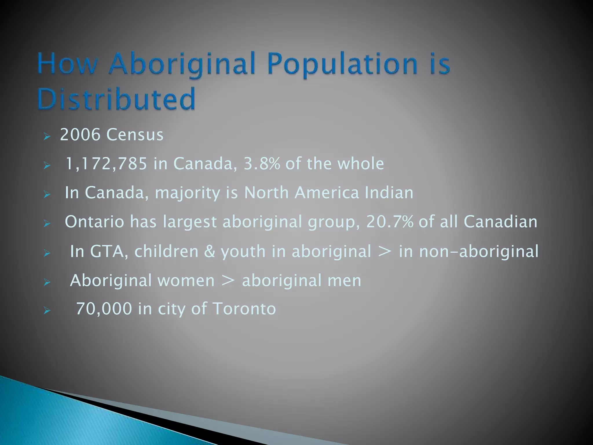  2006 Census
 1,172,785 in Canada, 3.8% of the whole
 In Canada, majority is North America Indian
 Ontario has largest aboriginal group, 20.7% of all Canadian
 In GTA, children & youth in aboriginal ＞ in non-aboriginal
 Aboriginal women ＞ aboriginal men
 70,000 in city of Toronto
 