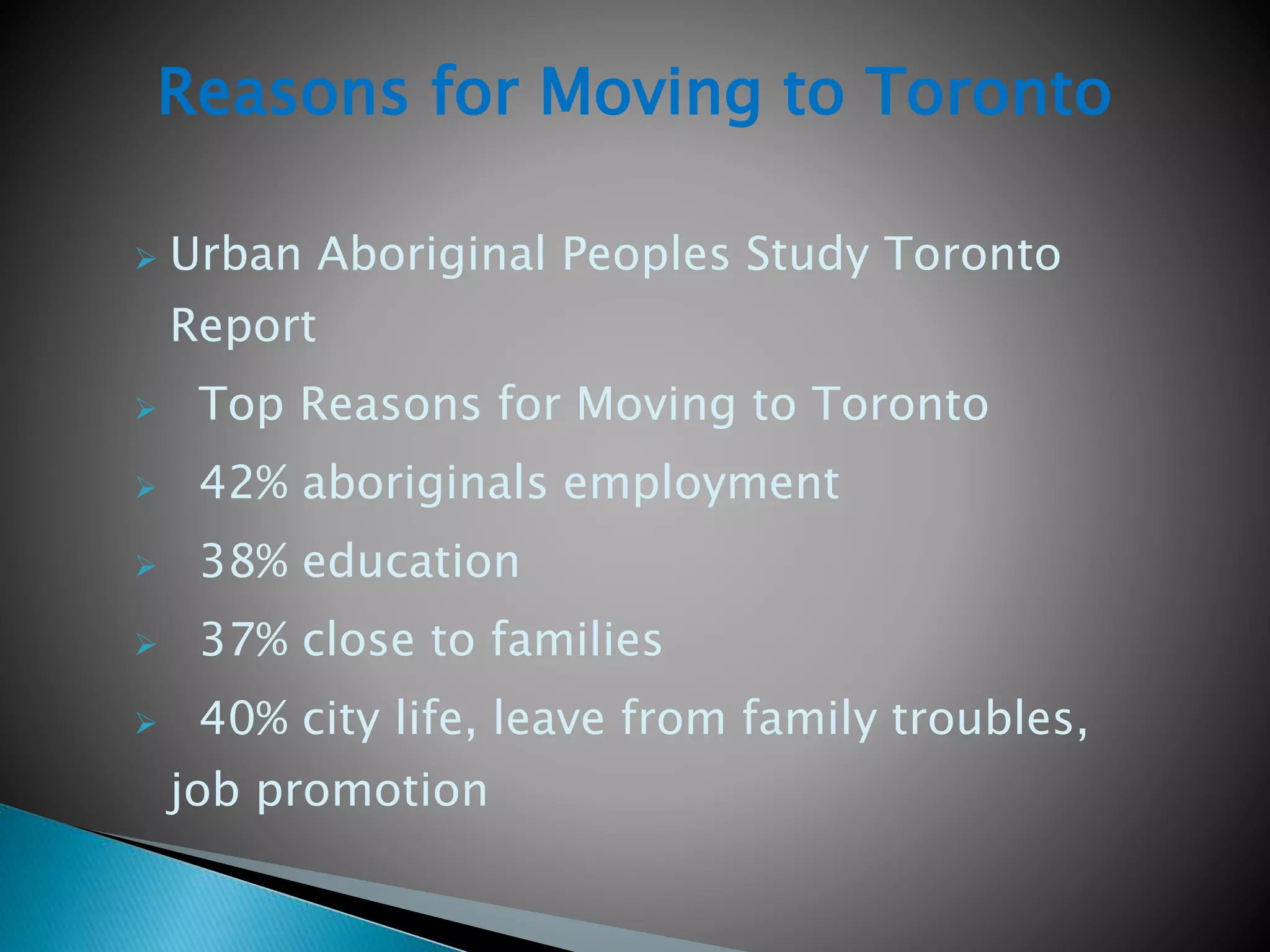 Urban Aboriginal Peoples Study Toronto
Report
 Top Reasons for Moving to Toronto
 42% aboriginals employment
 38% education
 37% close to families
 40% city life, leave from family troubles,
job promotion
Reasons for Moving to Toronto
 