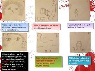 Close – up of the main character. Heavy breathing to increase tension. Point of view with tilt. Heavy breathing continues. High angle shot of the girl walking in the park Extreme close – up. The heavy breathing stops. The girl starts hearing voices SCRIPT:  Boy:  Just take it. You know  you want to. Girl:  No. I don’t want it... leave me alone. Point of view with pan to show the voices she is hearing are not from anyone nearby. Mid shot of girl staring at her hand, which has a needle 