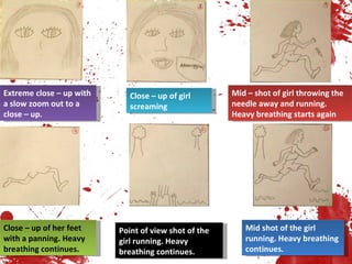 Extreme close – up with a slow zoom out to a close – up. Close – up of girl screaming Mid – shot of girl throwing the needle away and running. Heavy breathing starts again Close – up of her feet with a panning. Heavy breathing continues. Point of view shot of the girl running. Heavy breathing continues. Mid shot of the girl running. Heavy breathing continues. 