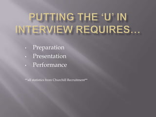 •    Preparation
•    Presentation
•    Performance

**all statistics from Churchill Recruitment**
 