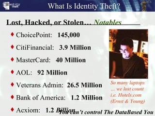 Lost, Hacked, or Stolen…  Notables You can’t control The DataBased You <ul><li>ChoicePoint:  145,000 </li></ul><ul><li>Cit...