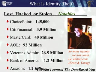 Lost, Hacked, or Stolen…  Notables You can’t control The DataBased You ChoicePoint:  145,000 CitiFinancial:  3.9 Million MasterCard:  40 Million AOL:  92 Million Veterans Admin:  26.5 Million Bank of America:  1.2 Million Acxiom:  1.2  Billion ™ What Is Identity Theft? So many laptops … we lost count i.e. Hotels.com (Ernst & Young) 