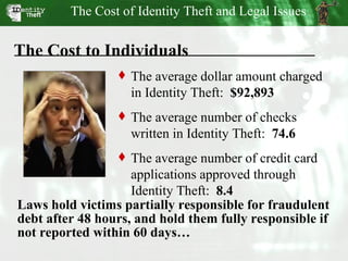 The Cost to Individuals The average dollar amount charged in Identity Theft:  $92,893 The average number of checks written in Identity Theft:  74.6 The average number of credit card applications approved through Identity Theft:  8.4 Laws hold victims partially responsible for fraudulent debt after 48 hours, and hold them fully responsible if not reported within 60 days… The Cost of Identity Theft and Legal Issues 