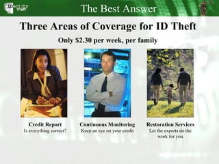 Credit Report Is everything correct? Three Areas of Coverage for ID Theft Only $2.30 per week, per family Continuous Monitoring Keep an eye on your credit The Best Answer Restoration Services Let the experts do the work for you 
