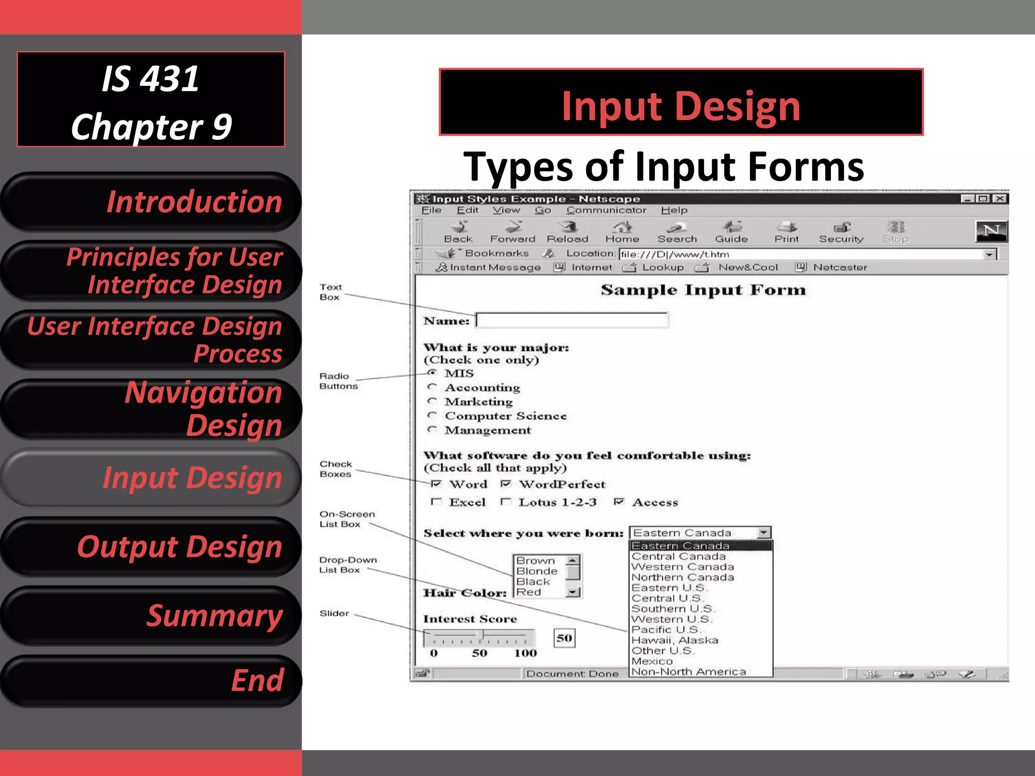 IS 431 Chapter 9 Input Design Types of Input Forms Introduction Principles for User Interface Design User Interface Design Process Navigation Design Input Design Output Design Summary End 