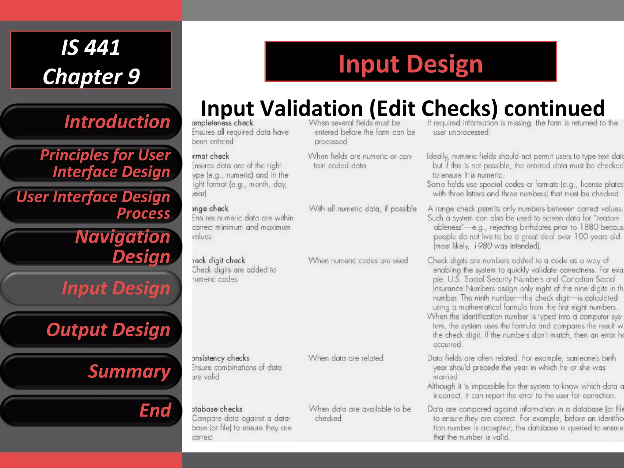 IS 441 Chapter 9 Input Design Input Validation (Edit Checks) continued Introduction Principles for User Interface Design User Interface Design Process Navigation Design Input Design Output Design Summary End 