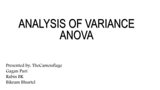 ANALYSIS OF VARIANCE
ANOVA
1
Presented by: TheCamouflage
Gagan Puri
Rabin BK
Bikram Bhurtel
 