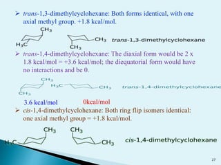  trans-1,3-dimethylcyclohexane: Both forms identical, with one
axial methyl group. +1.8 kcal/mol.
 trans-1,4-dimethylcyclohexane: The diaxial form would be 2 x
1.8 kcal/mol = +3.6 kcal/mol; the diequatorial form would have
no interactions and be 0.
 cis-1,4-dimethylcyclohexane: Both ring flip isomers identical:
one axial methyl group = +1.8 kcal/mol.
3.6 kcal/mol 0kcal/mol
27
 