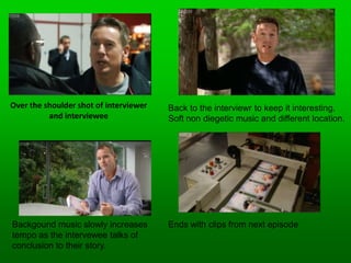 BBC documentary; My StoryEstablishing shot’s , using panning, of the places the interviews have taken place. Voice over describing the process – people from around britain had to write in and how the 15 finalists were chosen.  Then an overall descripion of each episode and what will be covered. program.