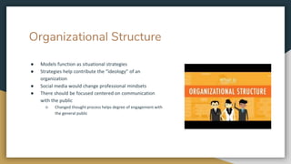 Organizational Structure
● Models function as situational strategies
● Strategies help contribute the “ideology” of an
organization
● Social media would change professional mindsets
● There should be focused centered on communication
with the public
○ Changed thought process helps degree of engagement with
the general public
 
