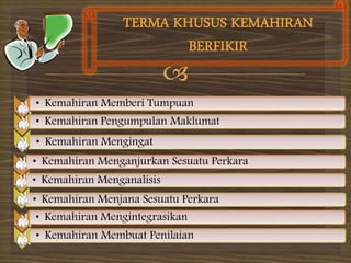 
* • Kemahiran Memberi Tumpuan
* • Kemahiran Pengumpulan Maklumat
*
• Kemahiran Mengingat
* • Kemahiran Menganjurkan Sesuatu Perkara
* • Kemahiran Menganalisis
*
• Kemahiran Menjana Sesuatu Perkara
* • Kemahiran Mengintegrasikan
* • Kemahiran Membuat Penilaian
 