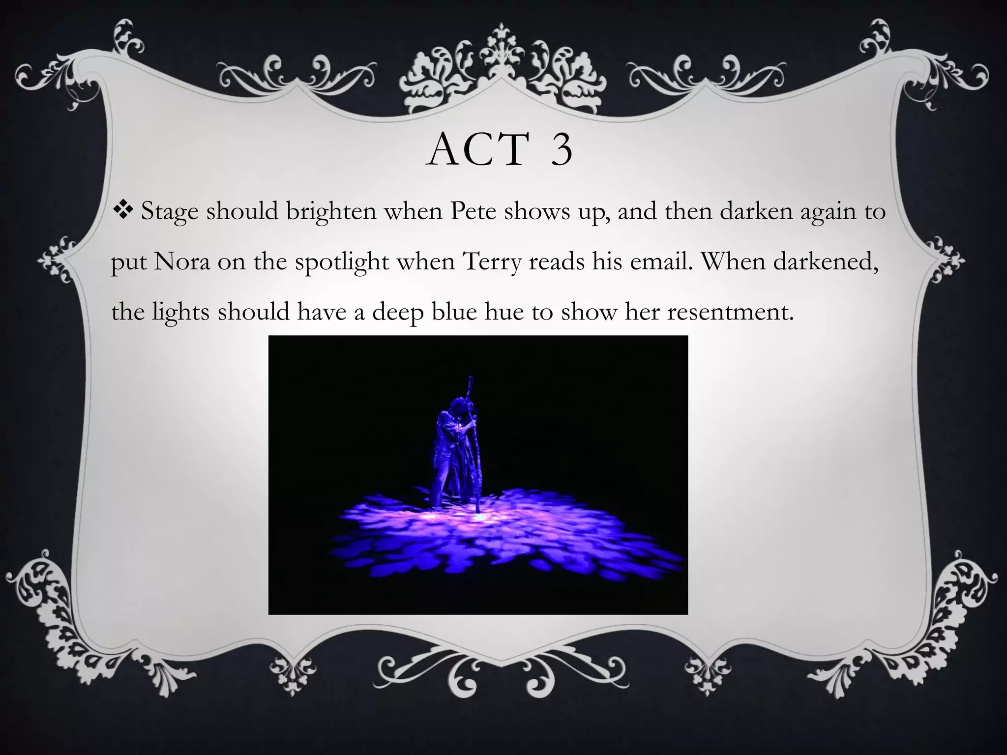 ACT 3
 Stage should brighten when Pete shows up, and then darken again to
put Nora on the spotlight when Terry reads his email. When darkened,
the lights should have a deep blue hue to show her resentment.
 