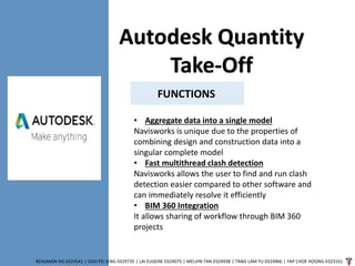 BENJAMIN NG 0324541 | GOH PEI JENG 0329735 | LAI EUGENE 0324075 | MELVIN TAN 0324938 | TANG LAM YU 0324966 | YAP CHOE HOONG 0323161
FUNCTIONS
Autodesk Quantity
Take-Off
• Aggregate data into a single model
Navisworks is unique due to the properties of
combining design and construction data into a
singular complete model
• Fast multithread clash detection
Navisworks allows the user to find and run clash
detection easier compared to other software and
can immediately resolve it efficiently
• BIM 360 Integration
It allows sharing of workflow through BIM 360
projects
 