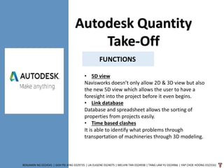 BENJAMIN NG 0324541 | GOH PEI JENG 0329735 | LAI EUGENE 0324075 | MELVIN TAN 0324938 | TANG LAM YU 0324966 | YAP CHOE HOONG 0323161
FUNCTIONS
Autodesk Quantity
Take-Off
• 5D view
Navisworks doesn’t only allow 2D & 3D view but also
the new 5D view which allows the user to have a
foresight into the project before it even begins.
• Link database
Database and spreadsheet allows the sorting of
properties from projects easily.
• Time based clashes
It is able to identify what problems through
transportation of machineries through 3D modeling.
 