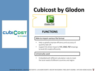 Cubicost by Glodon
BENJAMIN NG 0324541 | GOH PEI JENG 0329735 | LAI EUGENE 0324075 | MELVIN TAN 0324938 | TANG LAM YU 0324966 | YAP CHOE HOONG 0323161
Glodon TAS
FUNCTIONS
Able to import various file format
• Help us greatly improve efficiency and accuracy of
quantity take-off.
• Support the direct import of IFC, DWG, PDF drawings
to build 3D models efficiently.
Universally used
• Embedded with different calculation rules to meet
the local needs of different countries and region.
 