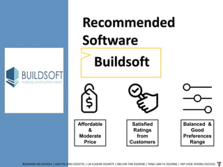 BENJAMIN NG 0324541 | GOH PEI JENG 0329735 | LAI EUGENE 0324075 | MELVIN TAN 0324938 | TANG LAM YU 0324966 | YAP CHOE HOONG 0323161
Recommended
Software
Buildsoft
Affordable
&
Moderate
Price
Balanced &
Good
Preferences
Range
Satisfied
Ratings
from
Customers
 