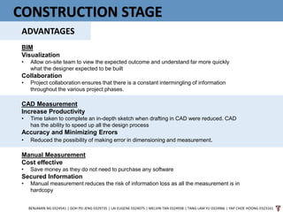 CONSTRUCTION STAGE
ADVANTAGES
BENJAMIN NG 0324541 | GOH PEI JENG 0329735 | LAI EUGENE 0324075 | MELVIN TAN 0324938 | TANG LAM YU 0324966 | YAP CHOE HOONG 0323161
BIM
Visualization
• Allow on-site team to view the expected outcome and understand far more quickly
what the designer expected to be built
Collaboration
• Project collaboration ensures that there is a constant intermingling of information
throughout the various project phases.
CAD Measurement
Increase Productivity
• Time taken to complete an in-depth sketch when drafting in CAD were reduced. CAD
has the ability to speed up all the design process
Accuracy and Minimizing Errors
• Reduced the possibility of making error in dimensioning and measurement.
Manual Measurement
Cost effective
• Save money as they do not need to purchase any software
Secured Information
• Manual measurement reduces the risk of information loss as all the measurement is in
hardcopy
 