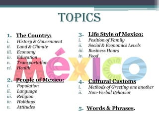Topics
1. The Country:
i. History & Government
ii. Land & Climate
iii. Economy
iv. Education
v. Transportation
vi. Health
2. People of Mexico:
i. Population
ii. Language
iii. Religion
iv. Holidays
v. Attitudes
3. Life Style of Mexico:
i. Position of Family
ii. Social & Economics Levels
iii. Business Hours
iv. Food
4. Cultural Customs
i. Methods of Greeting one another
ii. Non-Verbal Behavior
5. Words & Phrases.
 