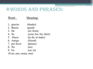 Words and phrases:
Word: Meaning:
1. gracias (thanks)
2. Bueno (good)
3. De (of, from)
4. Su (your, her, his, their)
5. Hacer (to do, to make)
6. Amigo (friend)
7. por favor (please)
8. No (no)
9. En (on, in)
10.un, uno, una(a, one)
 