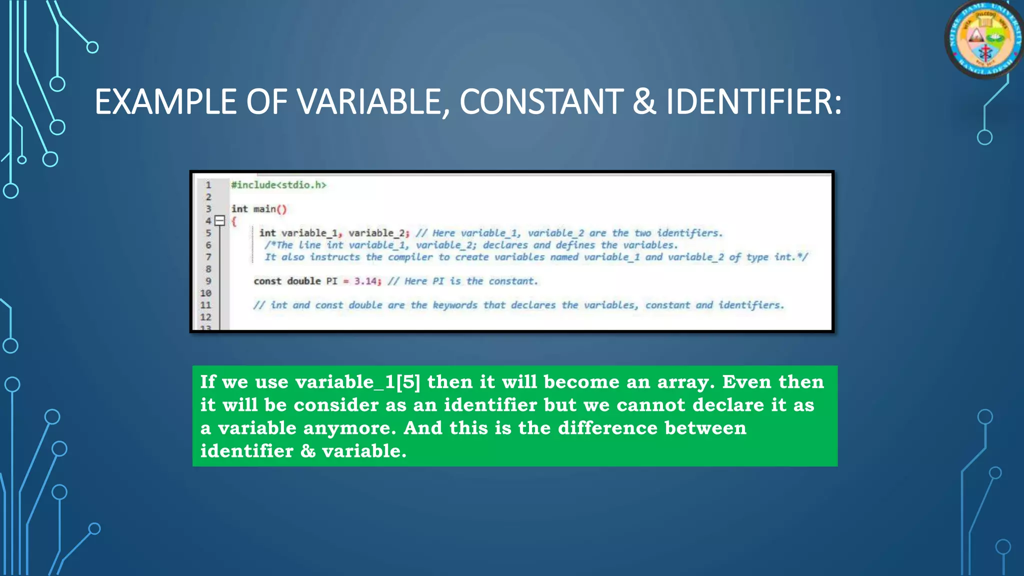 EXAMPLE OF VARIABLE, CONSTANT & IDENTIFIER:
If we use variable_1[5] then it will become an array. Even then
it will be consider as an identifier but we cannot declare it as
a variable anymore. And this is the difference between
identifier & variable.
 