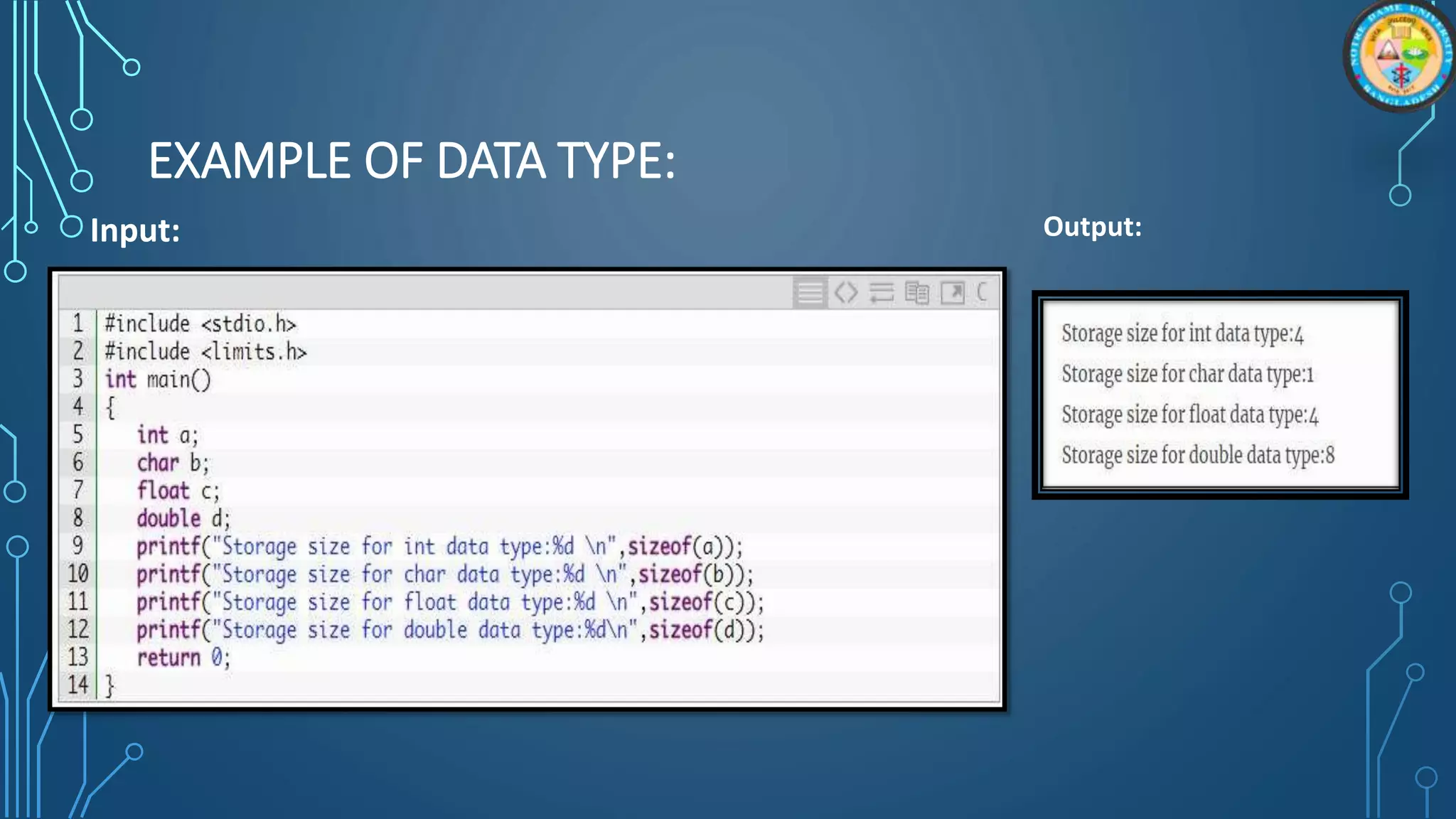 EXAMPLE OF DATA TYPE:
Input: Output:
 
