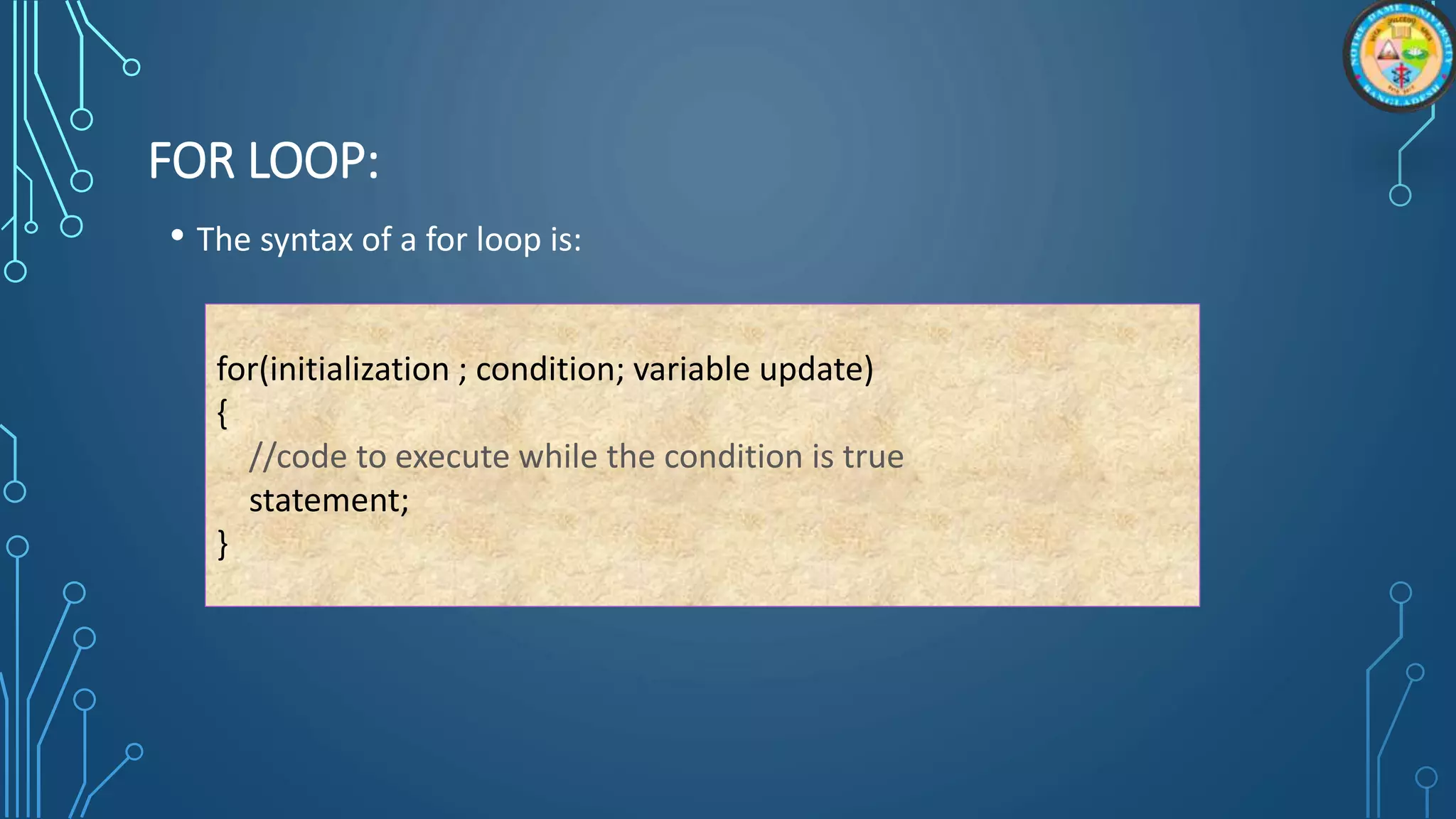 FOR LOOP:
• The syntax of a for loop is:
for(initialization ; condition; variable update)
{
//code to execute while the condition is true
statement;
}
 