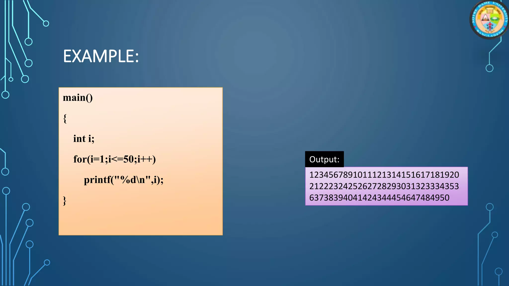 EXAMPLE:
main()
{
int i;
for(i=1;i<=50;i++)
printf("%dn",i);
}
1234567891011121314151617181920
2122232425262728293031323334353
63738394041424344454647484950
Output:
 