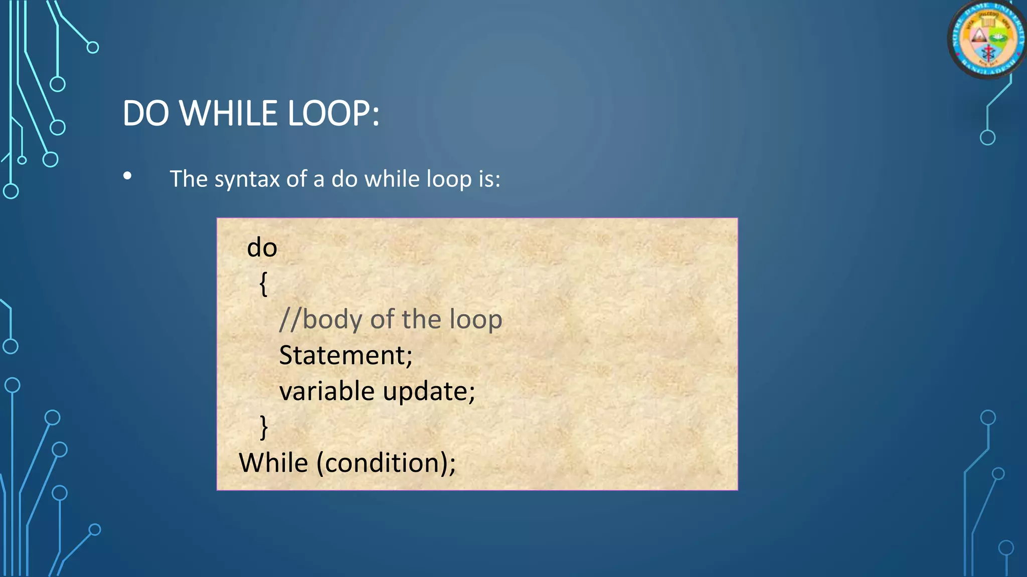 DO WHILE LOOP:
• The syntax of a do while loop is:
do
{
//body of the loop
Statement;
variable update;
}
While (condition);
 