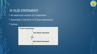 IF-ELSE STATEMENT:
• An extension version of if statement.
• Generally in the form of if (test expression)
• Syntax:
If (test expression)
{
true block statement
}
else
{
false block statement
}
 