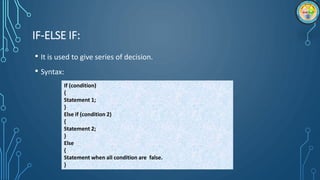 IF-ELSE IF:
• It is used to give series of decision.
• Syntax:
If (condition)
{
Statement 1;
}
Else if (condition 2)
{
Statement 2;
}
Else
{
Statement when all condition are false.
}
 