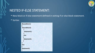 NESTED IF-ELSE STATEMENT:
• New block or if else statement defined in exiting if or else block statement.
• Syntax:
If(condition1)
{
if(condition2)
{
statement1;
}
else
{
Statement2;
}
}
else
{
Statement3;
}
 