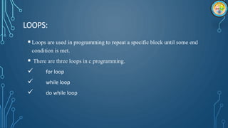 LOOPS:
Loops are used in programming to repeat a specific block until some end
condition is met.
 There are three loops in c programming.
 for loop
 while loop
 do while loop
 