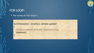 FOR LOOP:
• The syntax of a for loop is:
for(initialization ; condition; variable update)
{
//code to execute while the condition is true
statement;
}
 